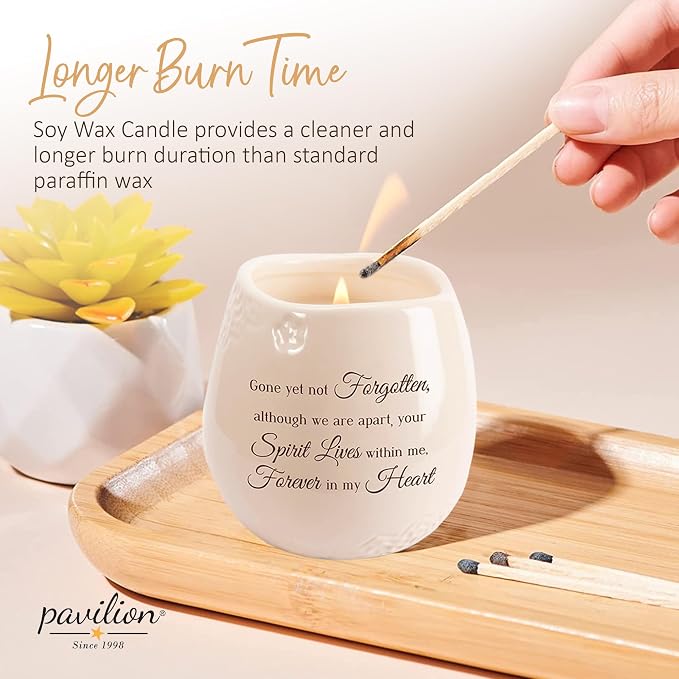 Pavilion - 8 Oz Candle Holder - White Ceramic Candle Jar with 100% Soy Wax Candle Tranquility Scent Gone Yet Not Forgotten Ideal Remembrance Gift for Love One Who Passed - Printed Text & Love Theme