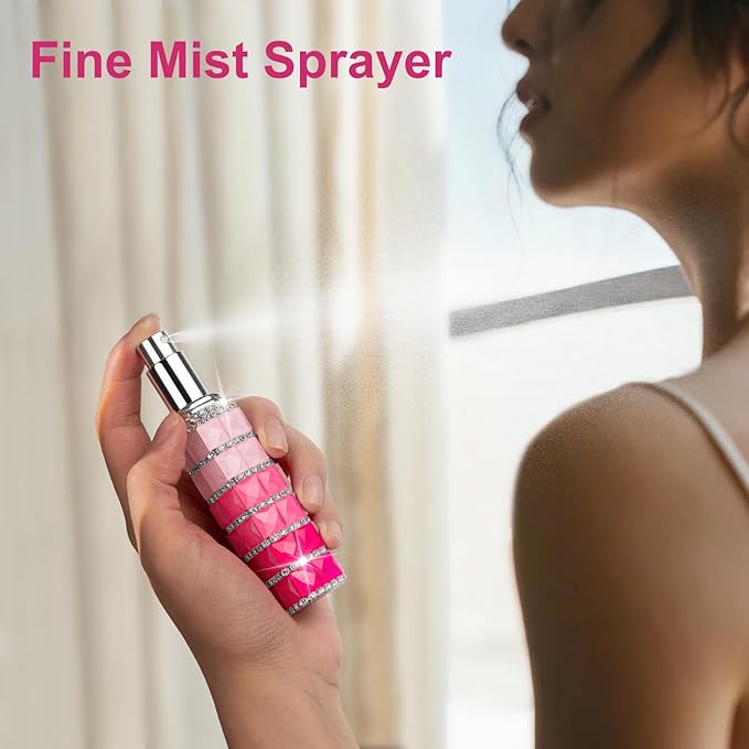 Travel Perfume Atomizer Refillable Bottle, 12ml Rhinestone Mini Perfume Bottles Empty Refillable Travel Atomizer Sprayer with Funnel (Pink White)