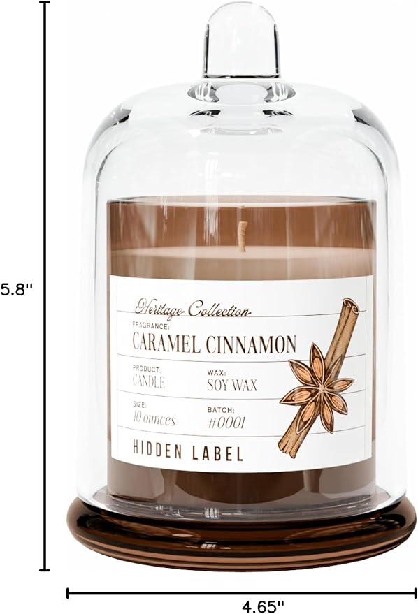 Hidden Label Fall Candles Caramel Cinnamon Scented, 10oz Natural Candles Non Toxic for Home Scented with Clear Bell Jar, Aromatherapy Candle for Spa/Yoga/Meditation & Stress Relief Gifts