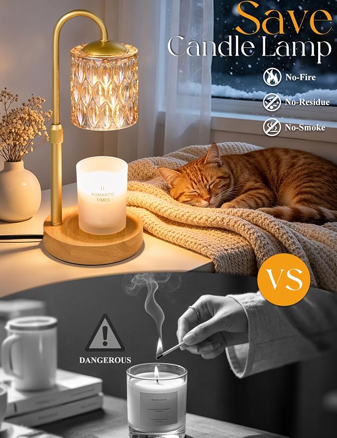 Briever Dimmable Candle Warmer Lamp with Timer, Height Adjustable Electric Candle Wax Warmer, Birthday Gifts for Women Mom, House Warming Gifts New Home Decor, Solid Wood Base, Natural Wood Champagne
