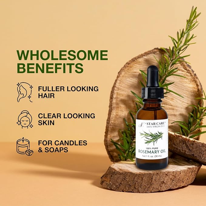 100% Pure Rosemary Essential Oil for Hair Growth & Skin Care Steam Distilled Rosemary Oil for Scalp Massage Aromatherapy DIY, Natural Hair Treatment in UV Protected Glass Bottle - 1oz (30ml)