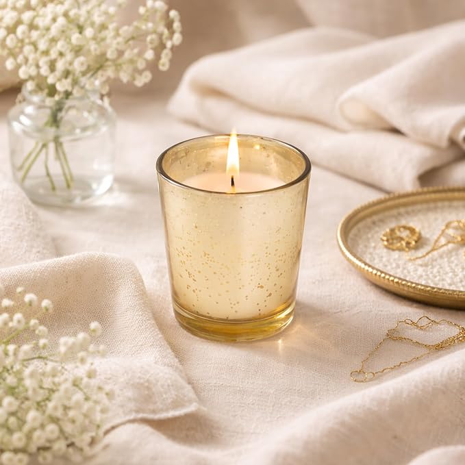 Hosley Set of 12 Gold Mercury Filled Glass Votive Candles. Ideal Gift for Weddings, Bridal Showers, Parties, Home Decor, and Special Events