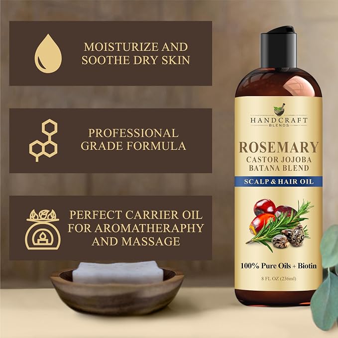 Handcraft Blends Rosemary Oil for Hair 8 Fl Oz | Nourishing Hair Oil | 100% Pure and Natural | Rosemary, Castor, Jojoba, and Batana Oils & Biotin | Carrier Oil