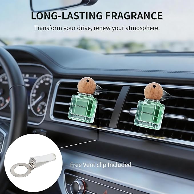 Car Air Freshener Hanging 2 Pack, Lemon Grass Scent Essential Oil Diffuser Long Lasting Up to 150 Days, Cute Car Accessories with 2 Vent Clip for Women Men Gift, Odor Eliminator