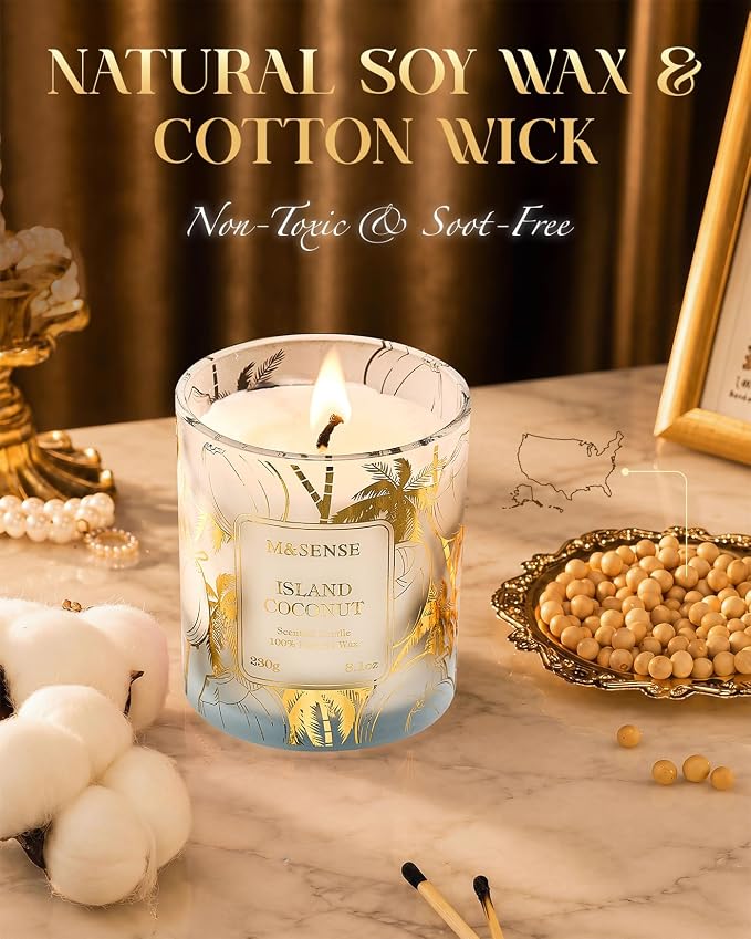 M&SENSE Coconut Soy Candle, 8.1oz 42-Hour Long Burning Time Naturally Scented Candles, Creamy Tropical Island Scent, Summer Meditation Gift