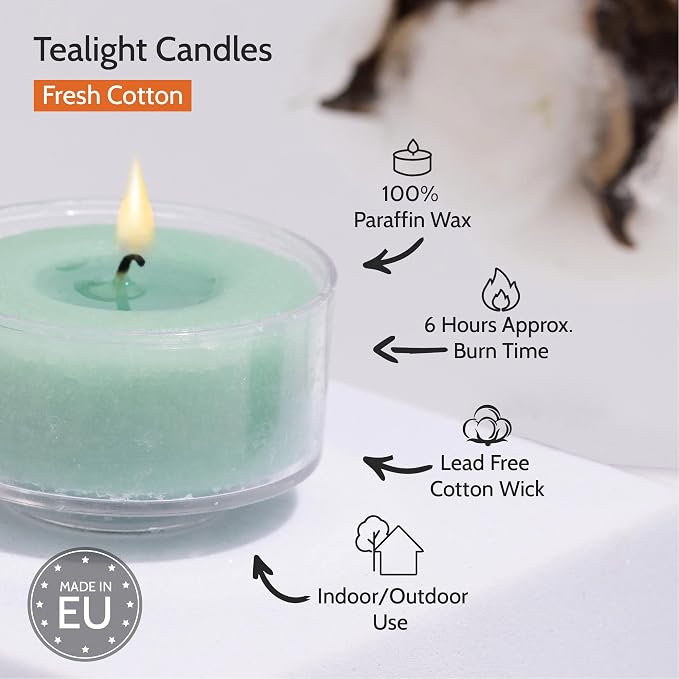 HYOOLA Scented Tealight Candles - Clear Cup - Fresh Cotton Tealight Candles Scented - 6 Hour Burn Time - 15 Pack - European Made