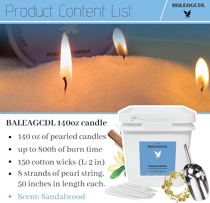Pearled Candle 140 Oz with 150 Wicks - Sandalwood Scented Sand Candles White Refillable Wax Lasts Up to 600 Hours Smooth and Clean Burning for Candle Making DIY
