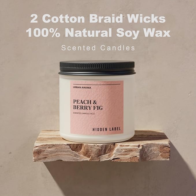 Hidden Label Peach Berry Fig Soy Candle, 12oz 2-Wick, 70H Fruity Warmth | Non-Toxic Natural Wax, Paraben & Phthalate-Free, Clean Burn | Elegant Home Decor & Gift-Ready | Stress Relief & Mood Uplift