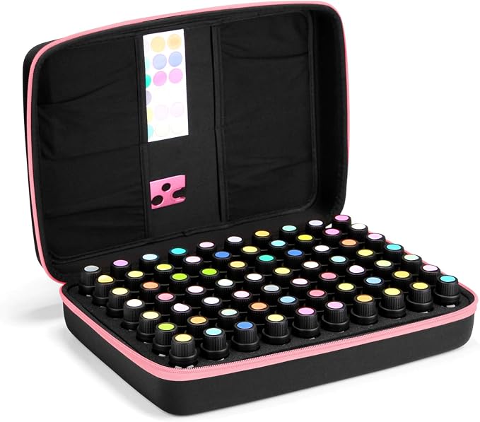 Essential Oils Storage – FITNATE Essential Oils Case for 5ml 10ml 15ml Essential Oils, Essential Oil Travel Case with Essential Oils Labels& Bottle Opener (70 bottles, Pink)