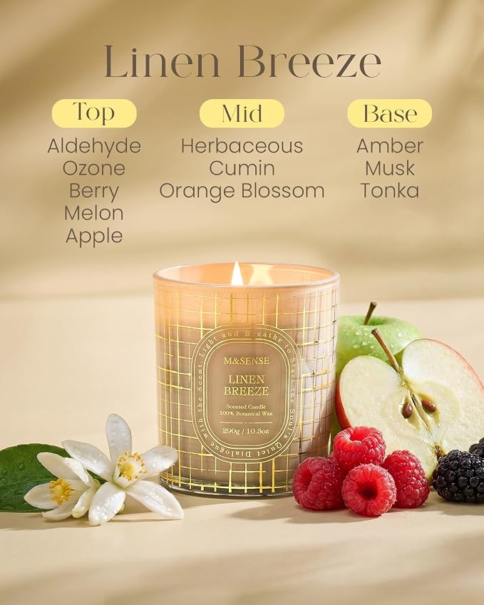 M&SENSE Fresh Linen Soy Candle, Clean Laundry Air Purifying Gift 55H Burn | Cotton Sun-Dried Slow Burn, Clean Soy Wax Long Lasting, Spring Summer Fresh Home Comfort, Pet Odor Exterminator, Reusable Jar