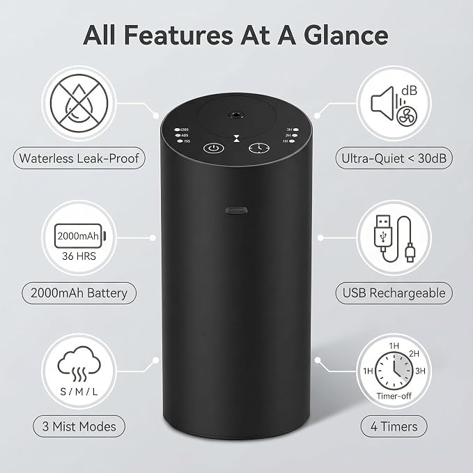 Car Diffuser, Waterless Essential Oil Diffuser with 2000mAh Battery & Timer, Adjustable Mist Cordless Aromatherapy for Car, Portable Air Freshener with Premium Aluminum Alloy & Type-C Charging (Black)