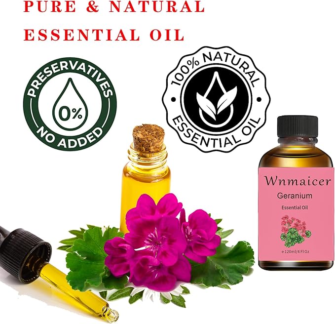 Geranium Essential Oil 4 Fl Oz - Premium Geranium Oil for Skin, Massage, Aromatherapy, Hair & DIY 120ml