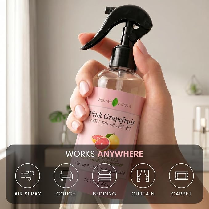 Pink Grapefruit Linen and Room Spray – Natural Air Freshener with Pure Essential Oil, Fresh Citrus Pillow Spray, Bathroom Odor Eliminator, Fabric and Home Fragrance – 8.5 fl oz