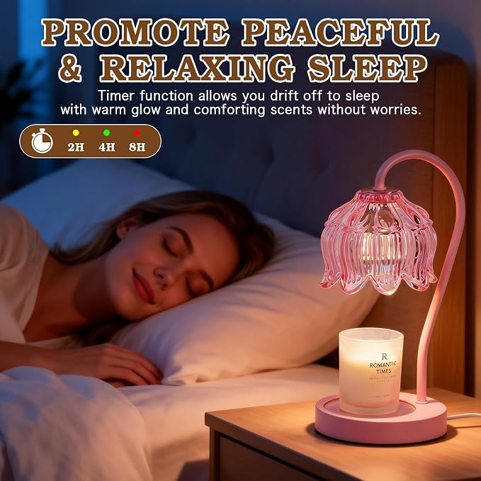 Funistree Flower Candle Warmer Lamp with Timer, Dimmable Candle Lamp Warmer, Christmas Birthday Gifts for Women Mom Her, Housewarming Home Decor, Lotus Wax Warmer for Yankee - Full Pink 10 Inch