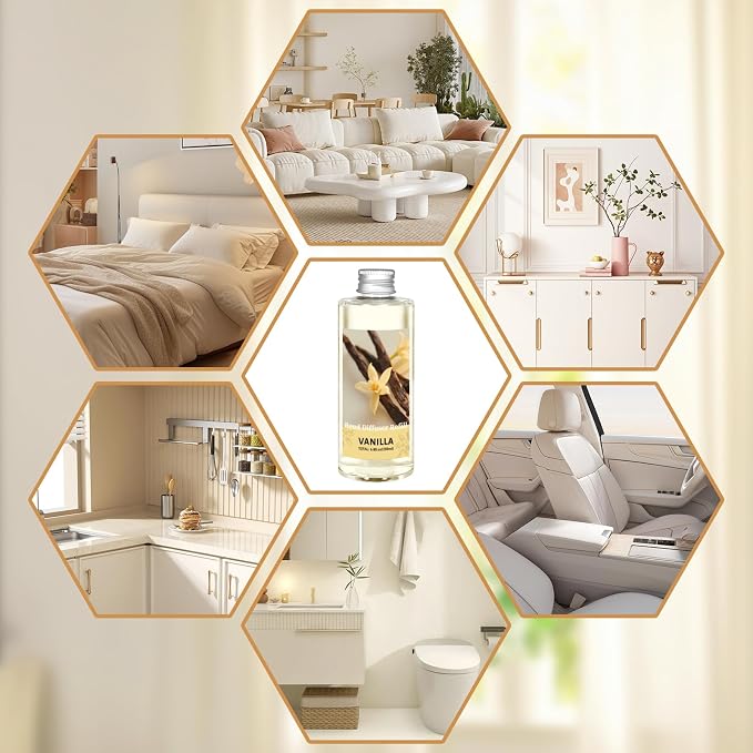 STRN Reed Diffuser Oil Refill, Vanilla Scented Diffuser Oil Refills with 6 Reed Sticks 200ML(6.8fl.oz), Room Fresheners for Home, Long-Lasting Summer Fragrance for Living Room, Bedroom, Office