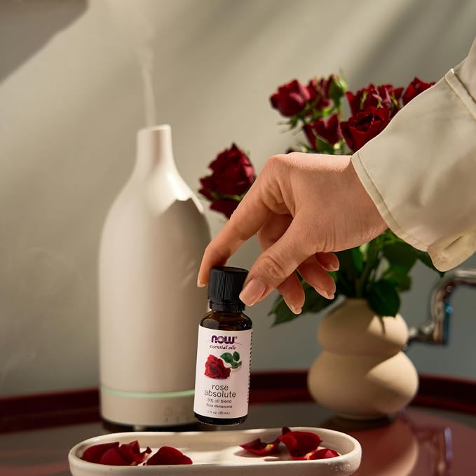 NOW Essential Oils, Rose Absolute, 5% Blend of Pure Rose Absolute Oil in Pure Jojoba Oil, Romantic Aromatherapy Scent, Vegan, Child Resistant Cap, 1-Ounce