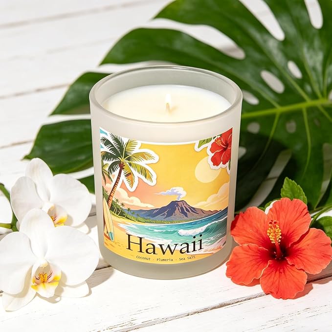 Hawaii Breeze Scented Candle, Coconut & Plumeria & Sea Salt - Hawaii Gifts, Hawaiian Gifts for Women, Hawaii Souvenirs, Tropical Souvenirs, 100% Soy Wax, 7OZ