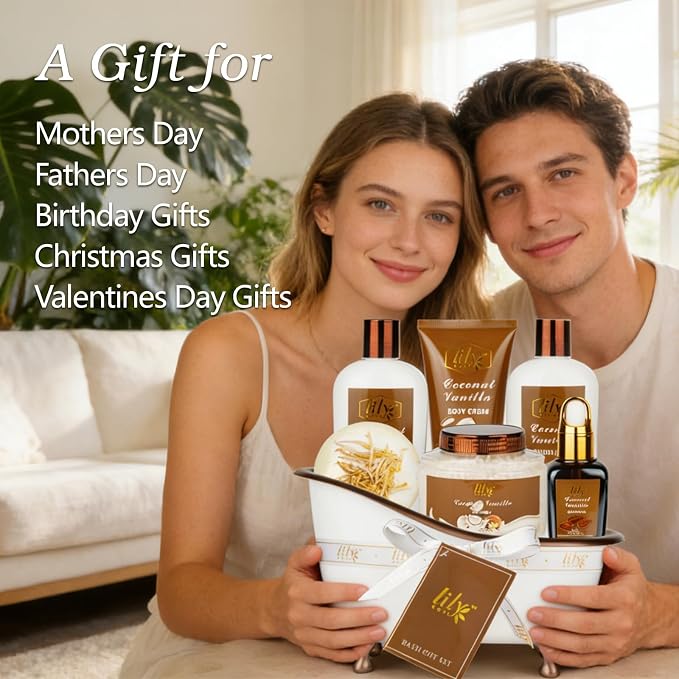 Coconut Vanilla Spa Gifts Bath Kit, 7Pcs Moisturizing Gift Set for Women Men