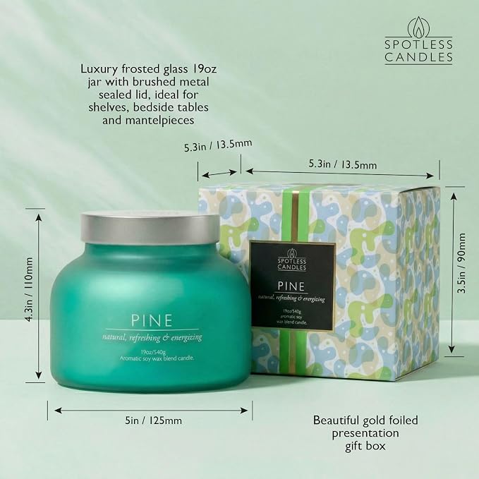 Pine Volcano Candle 19oz: 80-Hour Burn, Natural Refreshing Pine Scent, Hybrid Soy Wax, Crackling Wood Wick, Teal Matte Glass Jar, Gold Foil Gift Box by Spotless Candles