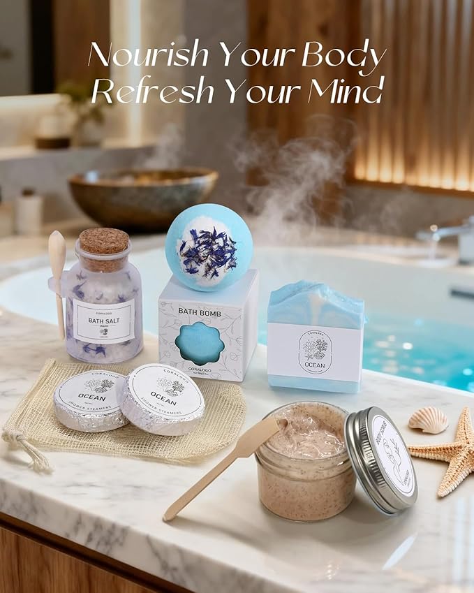 Ocean Spa Gifts for Women - 11pc Self-care Spa Gift Basket with Scented Candle, Bath Salt, Greeting Card - Thinking of You Basket for Her Birthday, Christmas, Mother's Day, Valentine's Day
