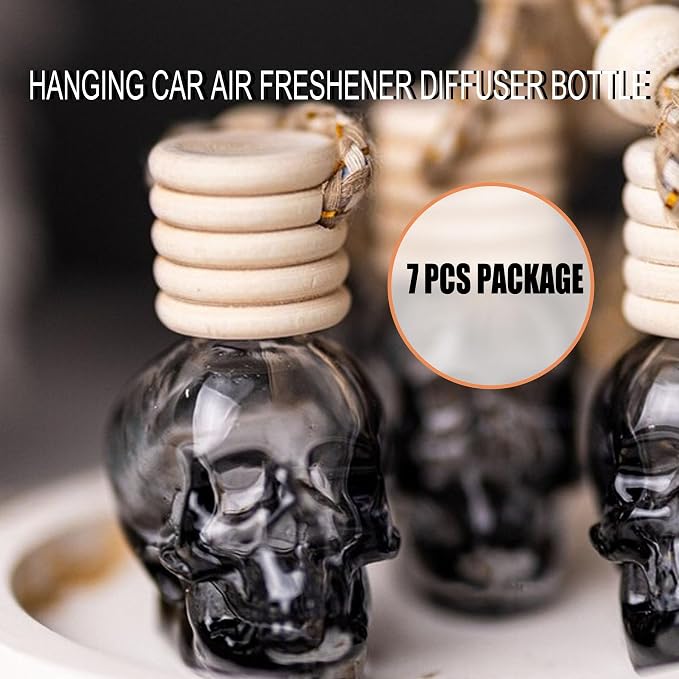 7 Pcs 8ml Hanging Car Air Freshener Diffuser,Empty Black Gradient Glass Essential Diffuser Oil Aromatherapy Fragrance Perfume Pendant Glass Vials with Wooden Caps (Skull, 8ml)