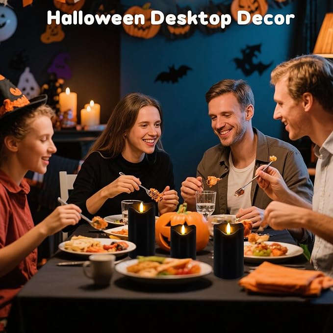 Flameless Candles Light, Set of 3 Flickering LED Candles with Remote & Timer, Dimmable Real Wax Electric Pillar Candles Battery Operated, Black Flameless Candles for Home Halloween Decor (Black)