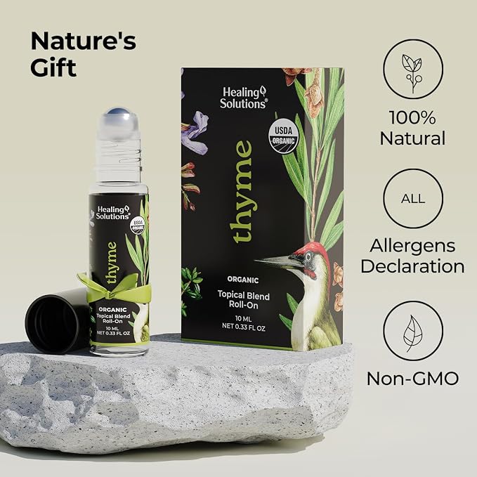 Healing Solutions (2 Pack) USDA Certified Organic Thyme Essential Oil Roll-On for Perfume, Body & Skin - Organic Thyme Oil Aromatherapy Roller