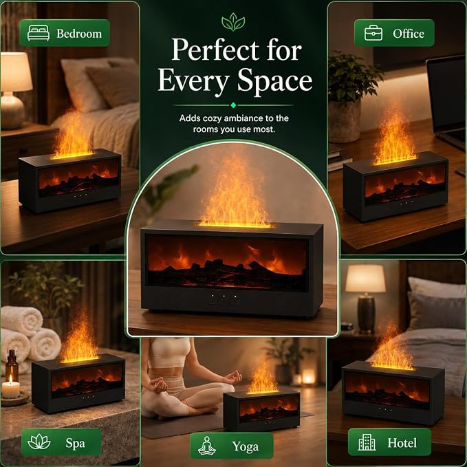 Fireplace Air Diffuser, Essential Oil Diffuser with 7-Color Flame Light, Ultrasonic Aroma Diffuser & Air Humidifier for Bedroom, Flame Diffuser with Remote Control Timer for Home Office Yoga(Black)