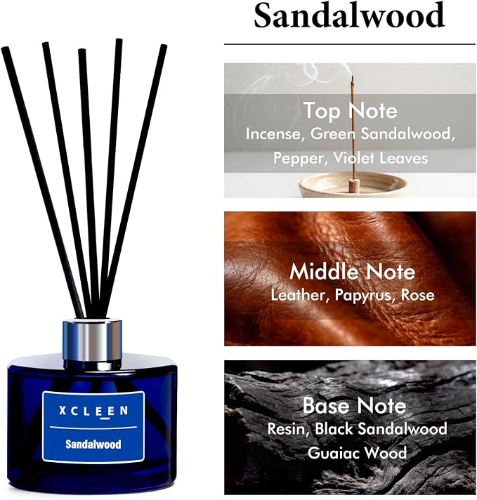 Xcleen Reed Diffuser Set, 6.7 fl oz Sandalwood Scented Oil Diffuser with Sticks, Reed Diffusers for Home Bathroom Shelf Decor