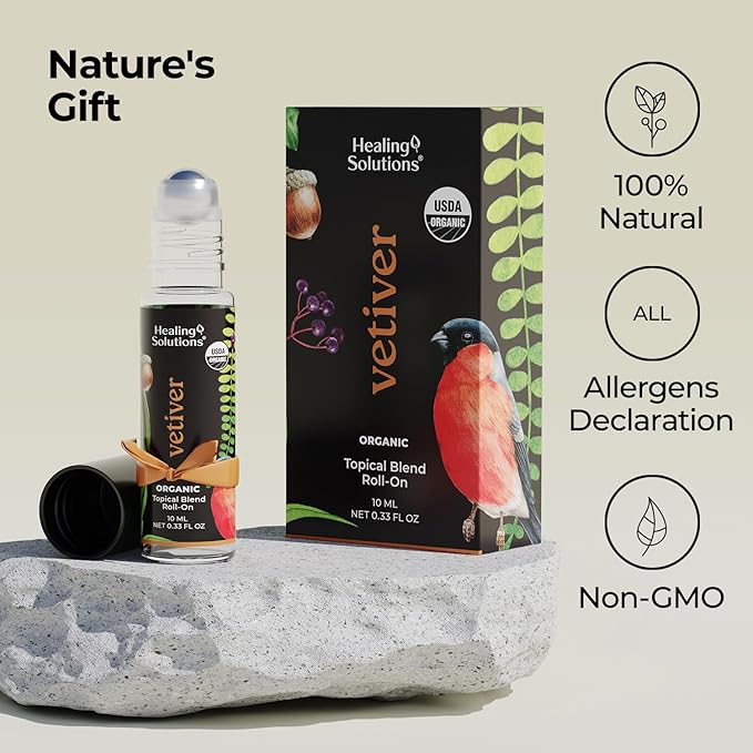 Healing Solutions (2 Pack) USDA Certified Organic Vetiver Essential Oil Roll-On for Skin Care - Essential Oil Roll On