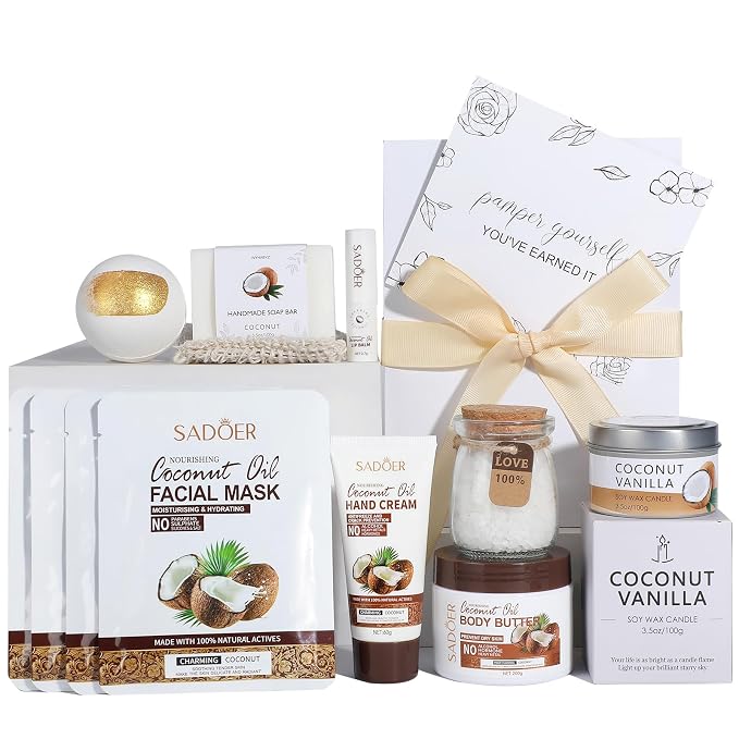 Coconut Spa Gifts for Women Birthday Self Care Kit Mothers Gifts Basket Thank You Relaxing Bath Sets for Moms Friends Co-worker Daughter Girlfriend Grandma Sister Teacher Daughter-in-Law
