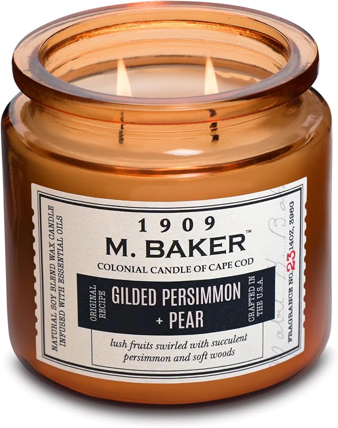 Colonial Candle Gilded Persimmons & Pear Scented Candle, 2-Wick Natural Soy Blend Wax Candle Infused with Essential Oils, 14 oz Apothecary Glass Jar Candle - Made in The USA