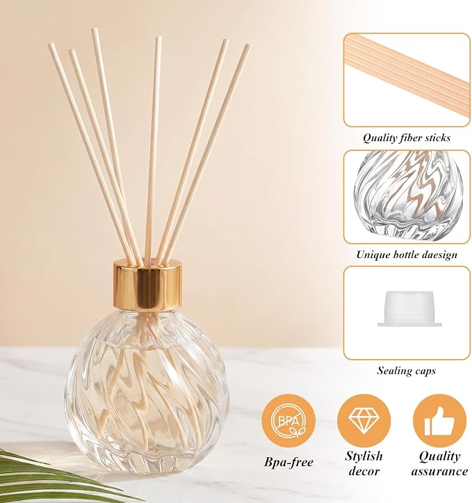 8 Pcs Bathroom Reed Diffuser Sets with 40 Natural Sticks, 3.4oz Empty Glass Bottles & Gold Caps, Bathroom Diffuser with Sticks for Home Office Aromatherapy Decor