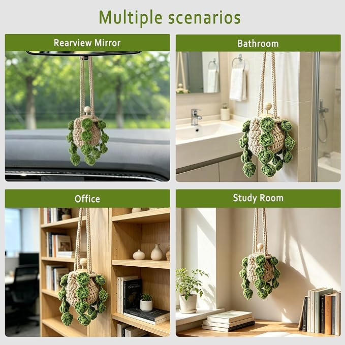 Crochet Car Essential Oil Diffuser, 10ml Refillable Essential Oil Bottle with Hanging Crochet Green Plant Ornament for Car Rear View Mirror, Home Office Air Freshener Decor