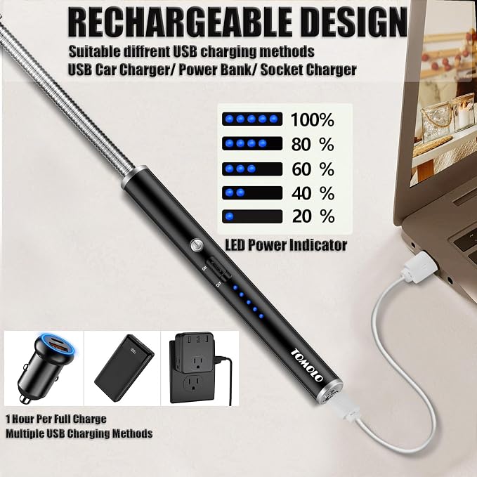 TOMOLO Electric Lighter 2 Pack, Long Flexible Neck Candle Lighter with Safety Switch, Windproof Plasma Flameless USB Rechargeable Lighters for Candles, Grill, Camping & Gas Stove (Black&Silver)