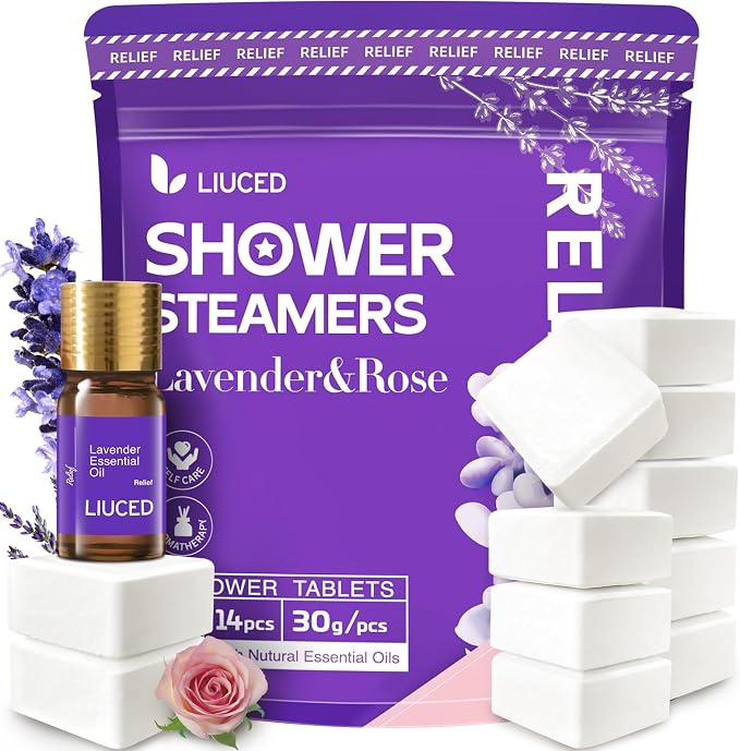 Shower Steamers Aromatherapy - 14 Pack Lavender & Rose Shower Bombs and 5ml Natural Lavender Essential Oils, Birthday Day Gifts for Mom Wife, Self Care Stress Relief Gifts for Women Her