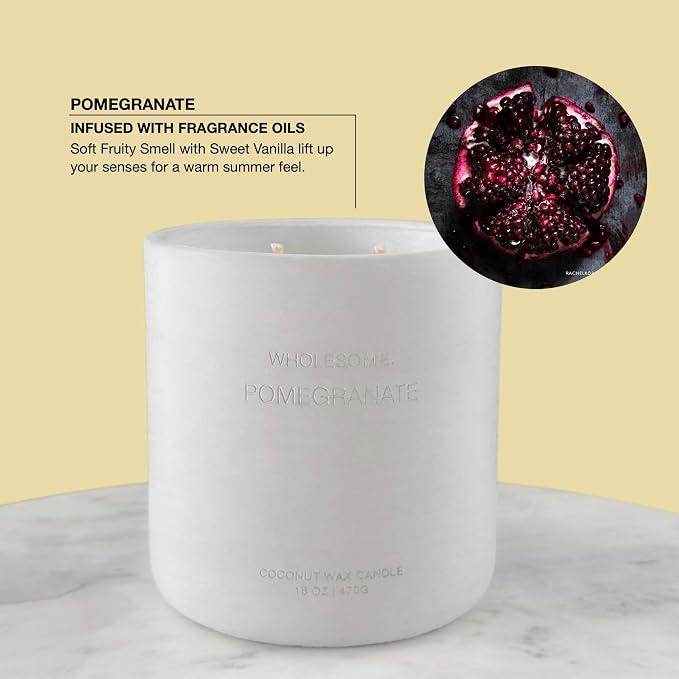 WHOLESOME. Pomegranate Scented Non-Toxic Candles for Home, 2 Wicks Natural Coconut Wax Candle Eco-Friendly, Luxury Aromatherapy Candles Stress Relief, 16 oz Large Concrete Jar, 90 Hours Burn