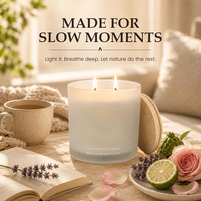Sun-Kissed Orchard – Lavender & Rose Scented Candle Large 14oz Soy Wax– Eco Friendly & Long Lasting – 50+ Hour Burn – Reusable Jar & Bamboo Lid – Luxury Gift Box for Women