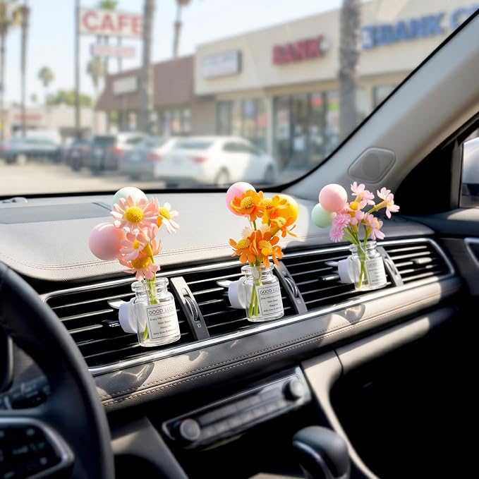 CusDusk 4 Pcs Flowers with Ballons Car Vent Clips, Cute Daisy Plants Vase Air Conditioning Outlet Clip with Fragrance Pads, Charm Scent Perfume Automotive Interior Decorations for Women