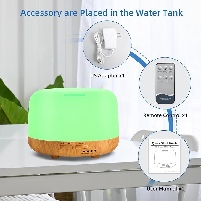 SPLITSKY Aromatherapy Essential Oil Home Diffuser with Remote Control, 300ML Large Room Cool Mist Air Humidifier, 8 Hours Quiet Operation, Timer, 7 Colors LED Night Night，Suitable Home,Yoga.