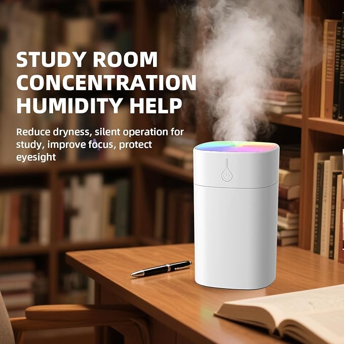 Portable Desktop Humidifier, 400ml Small Humidifier, Travel Fragrance Diffuser, Powered by USB, with LED Light and Automatic Shut-off Function (White)