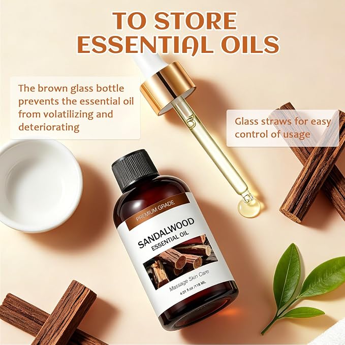 Sandalwood Essential Oils for Skin Care, Hair Care, 100% Natural Aromatherapy Oil 4 Fl Oz, Large Volume Sandalwood Oil for Aromatherapy Diffuser, DIY Fragrance and Relaxation