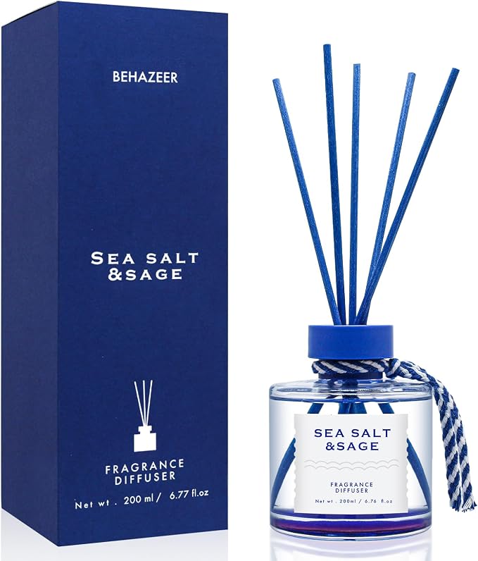 Sea Salt Reed Diffuser, 6.77OZ/200ML Large Capacity Natural Non-Toxic Oil, Long-Lasting Fragrance Reed Diffusers Set for Home and Bathroom, Aroma with 5 Reed Diffuser Sticks