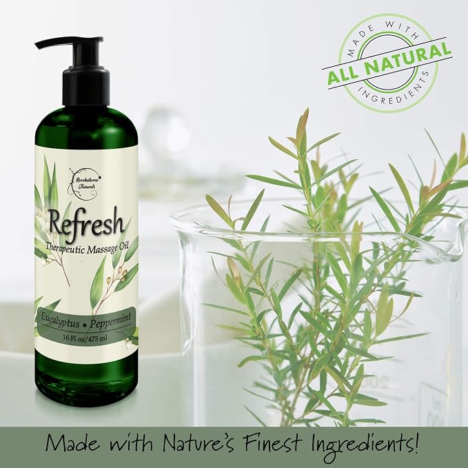 Refresh Massage Oil for Massage Therapy with Eucalyptus & Peppermint Essential Oils - All Natural, Great for Sore Muscles. Ideal for Full Body Relaxation – Nut Free Formula 16oz (Pack of 2)