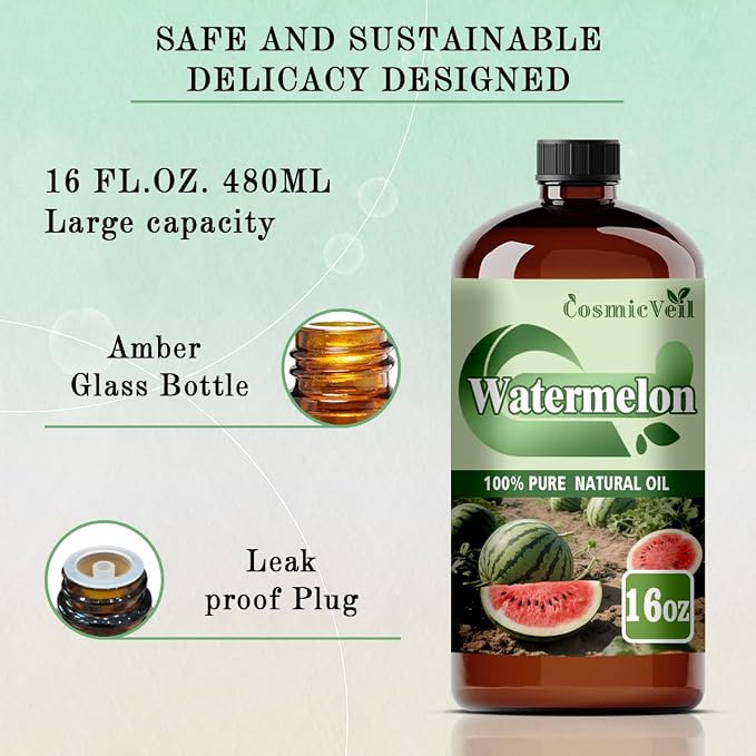 Watermelon Essential Oil Watermelon Oil for Aroma Diffuser,Humidifier,Home Fragrance,Cleaning,Body Care,Massage,Yoga,DIY Candle,DIY Soap CosmicVeil（Watermelon，16 Fl Oz (Pack of 1)）