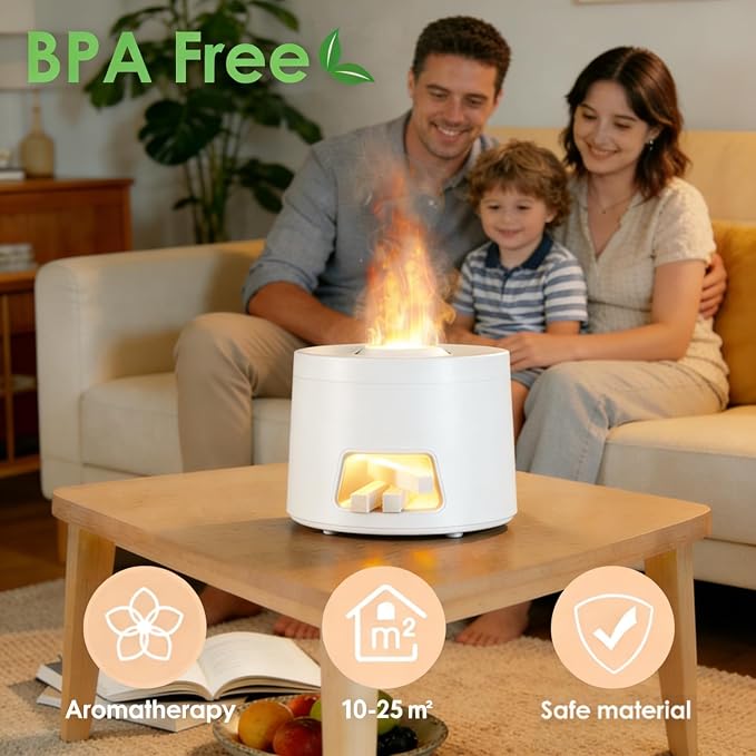 180ml Quiet Aromatherapy Diffuser, Ultrasonic Essential Oil Humidifier with Auto Shut-Off & 7-Color Flame Light for Home Bedroom Living Room Kitchen (White)
