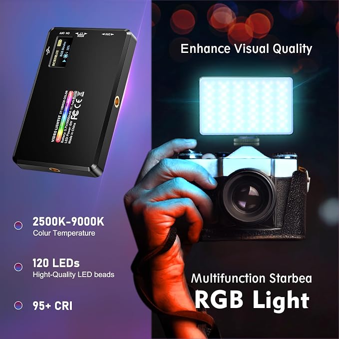 120 RGB Video Light, Photography Light, Color Temperature 2500-9000K 360° Full Color with 20 Lighting Effects, 3000mAh Battery, OLED Display, DSLR Lighting for TikTok, Photography, Video Conference