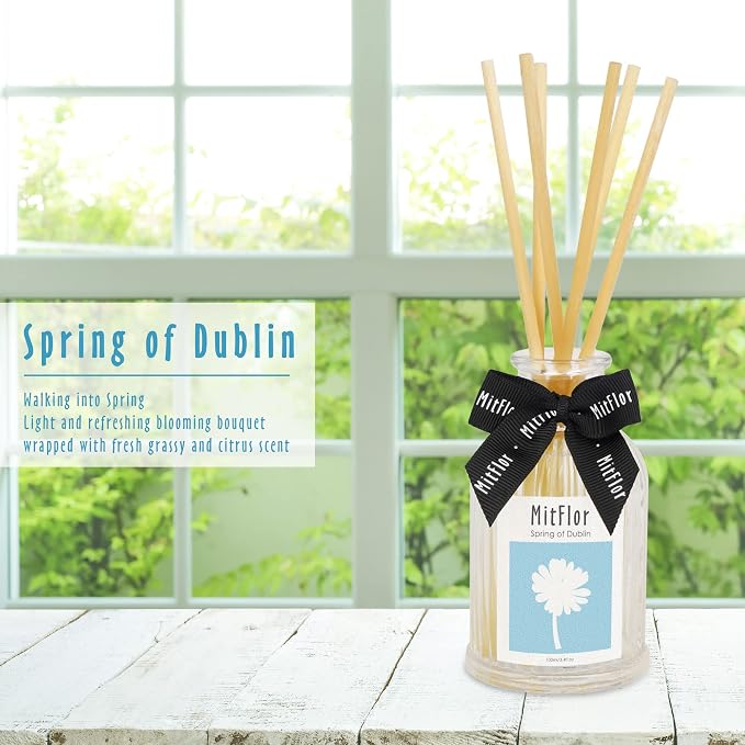 Scent Diffuser, MitFlor Spring of Dublin Reed Diffuser with Natural Rattan Sticks, Refreshing Floral Scents for Home Fragrance and Décor, for Living Room, Bedroom, Bathroom & More-3.4 fl oz