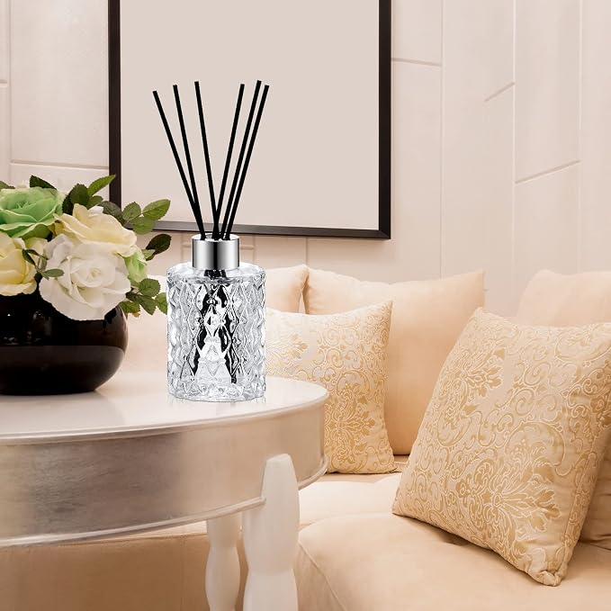 Norme 6 Set Empty Reed Diffuser Bottle Set with Stick, 150ml/5oz Clear Diffuser Glass Jars with Black Rattan Reed & Cap, for DIY Essential Oil, Fragrance, Home Fragrance, Bulk (Silver)