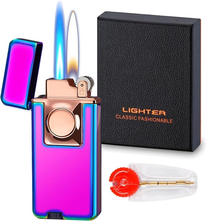 Jet Torch Lighter, Creative Dual Flame Lighter with 6pcs Flint Stone, Windproof Butane Gas Lighter, Cool Adjustable Soft Flame and Jet Flame 2 in1,Refillable Butane Lighter for Outdoor Indoor-Rainbow